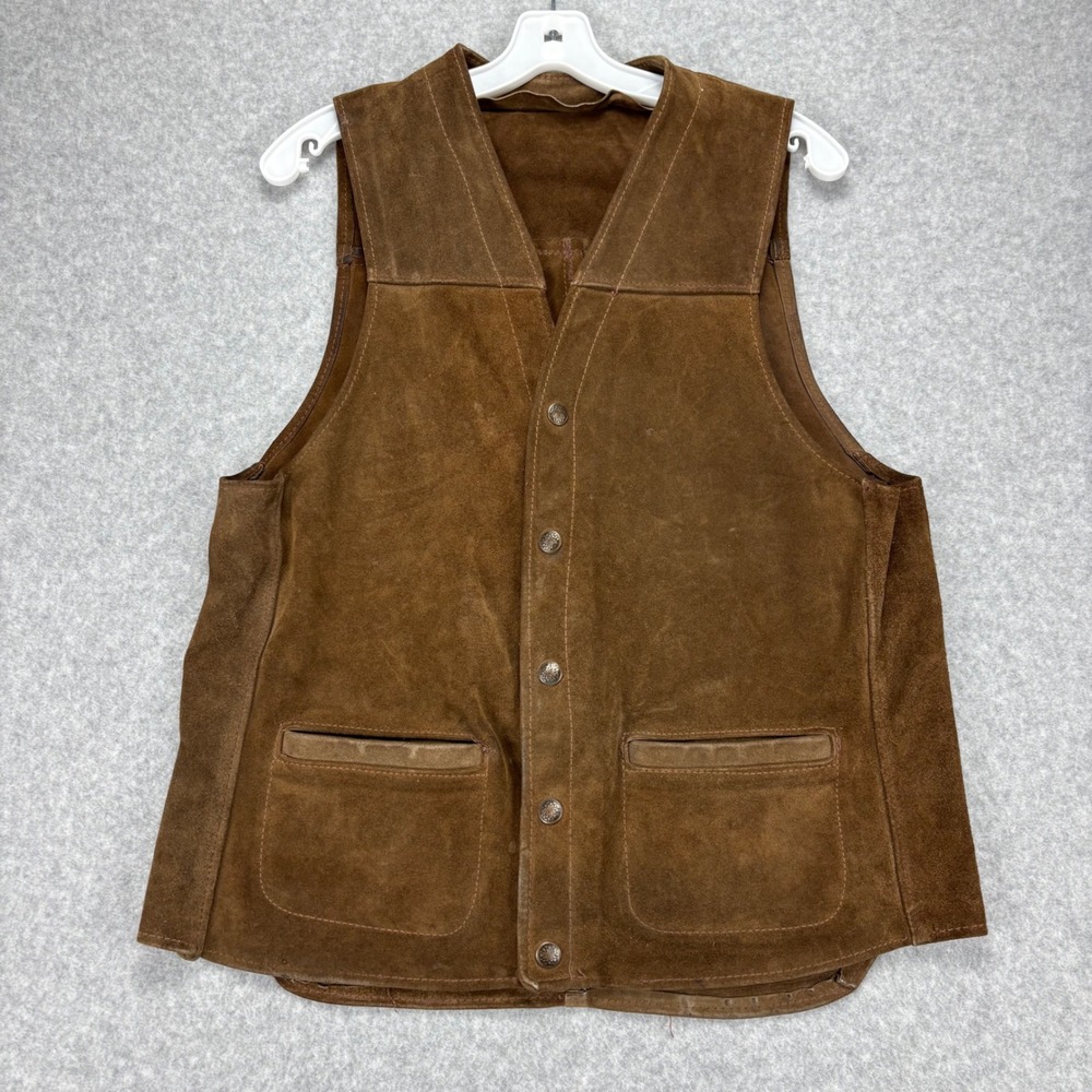 Suede Leather Vest Mens L Brown Western Cowboy Worn Rugged Snap Front Vtg Style
